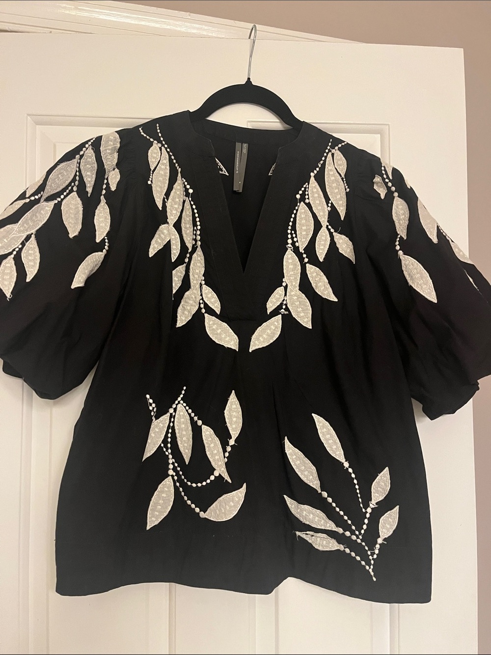 Anthropologie Black V-Neck Puff Sleeve Top with Ecru Leaf Embroidery